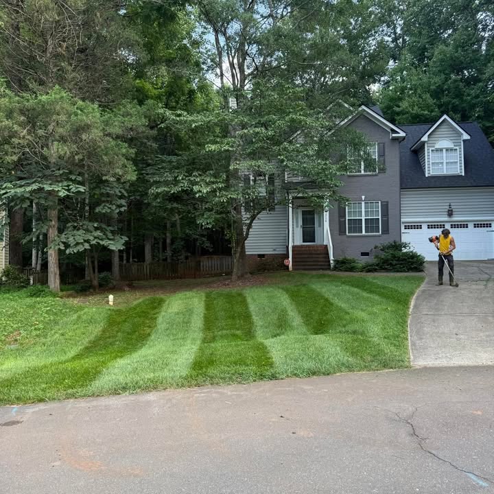 A freshly mowed, striped lawn maintained by Enviro-Mintz